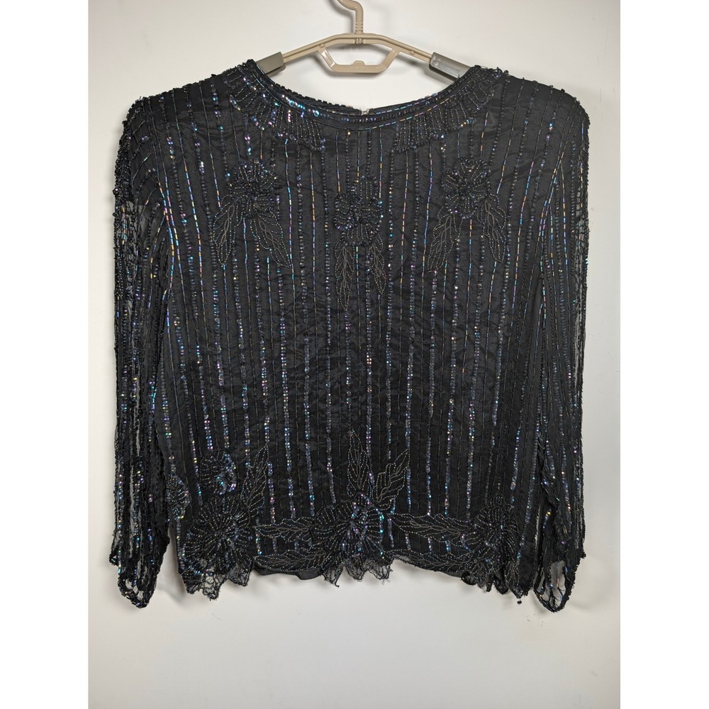 Gunit Vintage 80s Womens Beaded Sequin Blouse Rayon Black Floral Evening Top 14